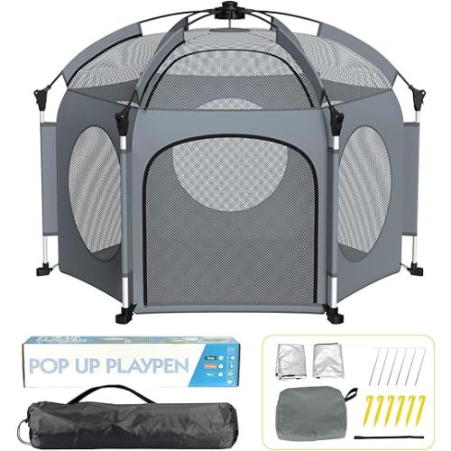 Portable Playpen for Babies and Toddlers - PRObebi Pop Up Playpen for Baby with Three Sun-Shade, Lightweight Outdoor Play Yard - Beach Playpen with Travel Bag - for Home & Indoor Use - Grey