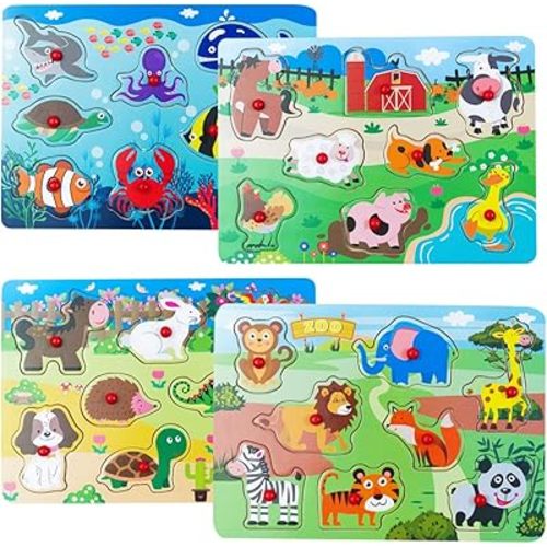 Peg Puzzle Set of 4 (32 pcs), Wooden Knob Puzzles for Toddlers Ages 1-3, Farm Zoo,Forest Animals, Pets, Sea Ocean Animals, Preschool Educational Cognitive Gifts