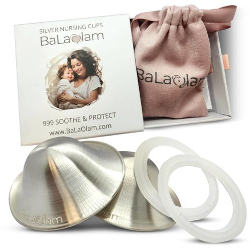 Silver Nursing Cups 999 with Silicone Rings – Reusable Nipple Shields for Breastfeeding Moms – Discreet and Comfortable Fit – Includes Carrying Pouch.