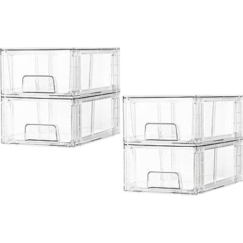 4 Pack Stackable Storage Drawers,Clear Acrylic Drawer Organizers with Handles, Easily Assemble for Fridge, Bathroom,Kitchen Undersink,Cabinet,Pantry organization and Storage