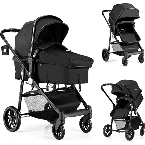 BABY JOY Baby Stroller, 2 in 1 Convertible Carriage Bassinet to Stroller, Pushchair with Foot Cover, Cup Holder, Large Storage Space, Wheels Suspension, 5-Point Harness (Black)