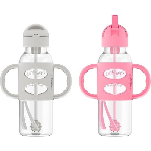 Dr. Brown's Milestones Narrow Sippy Straw Bottle, Spill-Proof with 100% Silicone Handles and Weighted Straw, 8 oz/250 mL, Gray & Pink, 6m+