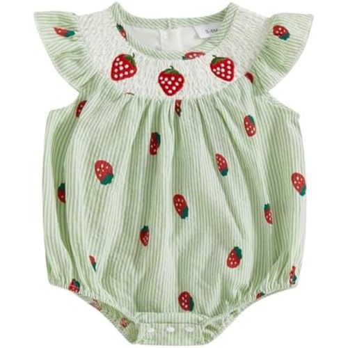 Kayotuas Newborn Baby Girls Smocked Bubble Romper Cute Embroidery Ruffle Gingham Bodysuit Dress Infant Toddler Summer Clothes