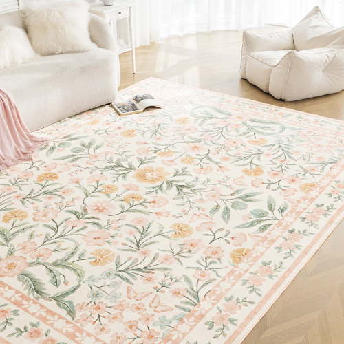 Sleep Zone 8x10 Washable Non Slip Area Rug Elegant Floral, Wave edge Scalloped Water Resistant Rug for Bedroom Living room