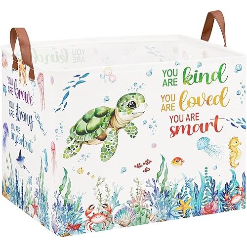 XHWZOF Sea Turtle Toy Basket, Beach Pool Toy Basket Ocean Nursery Decor Laundry Hamper Fish Towel Storage Bin Under The Sea Nursery Decor Box