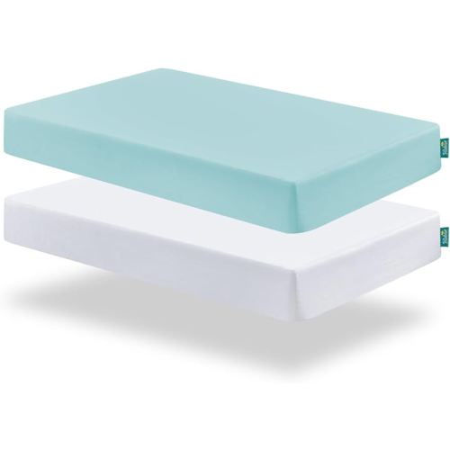 Biloban Crib Sheets Fitted, 2 Pack Crib Sheet Fits for Standard Crib Mattress, Neutral Toddler Bed Sheets for Baby Boys and Girl, White & Aqua, 52”X 28”