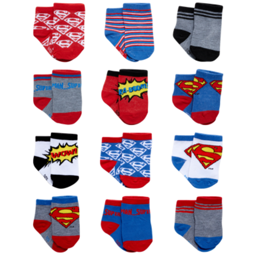WB Superman Baby Socks for Boys 0-6 months, 6-12 Months, and 12-24 Months, 12-Pack