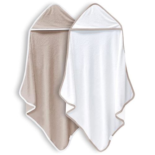 BAMBOO QUEEN 2 Pack Baby Bath Towel - Rayon made from bamboo, Ultra Soft Hooded Towels for Kids - X Large Size for 0-7 Yrs (White and Brown, 37.5 x 37.5 Inch) - 37.5x37.5 Inch (Pack of 2)