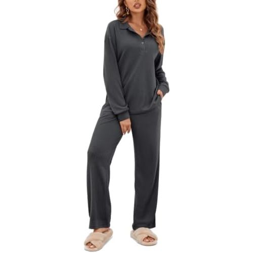 Ekouaer Womens Waffle Knit Pajama Set Long Sleeve Pj Lounge Set with Pocket
