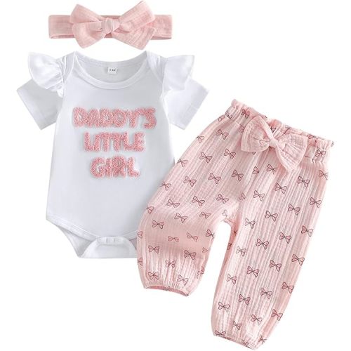 3-6 Month Daddys Little Girl Baby Clothes Short Sleeve Embroidery Romper Bow Pants Set Infant Newborn Daddy Girls Outfits
