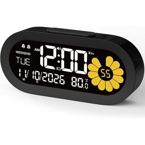 DOOMAY Digital Alarm Clock for Bedroom: Dual Alarm Bedside Clock VA LCD Display with Seconds, 9-Minute Snooze and Weekend Mode, 3 Brightness, 4 Alarms and 3 Volume Levels，Type C & Battery Included