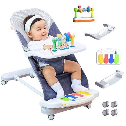CuddoBaby Baby Bouncer 4-in-1 with Wheels, Detachable Piano, Feeding Tray, Play Bar, Thick Base. 3-Level Incline Portable Seat for Infant to Toddler 0-6, 0-12, 12-24 Months, Upto 29Lbs - Blue