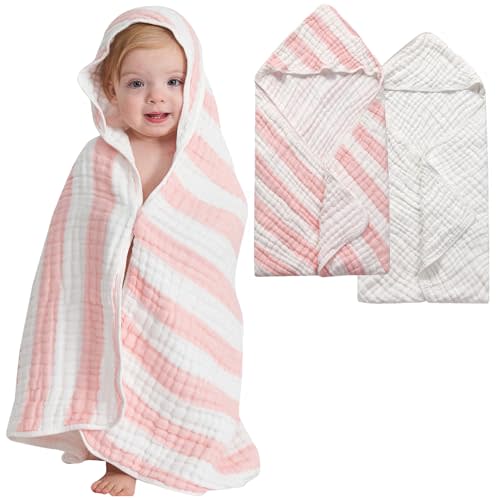 HardNok Muslin Hooded Baby Towel, 9 Layers Natural Cotton Baby Bath Towels, 32 X 32 inches Soft Towel for Boys,Girls (Pink Striped and White)