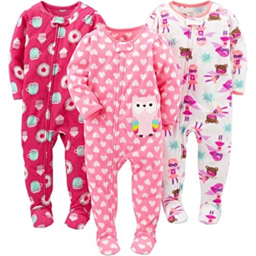 Simple Joys by Carter's Toddlers and Baby Girls' Loose-Fit Flame Resistant Fleece Footed Pajamas, Pack of 3