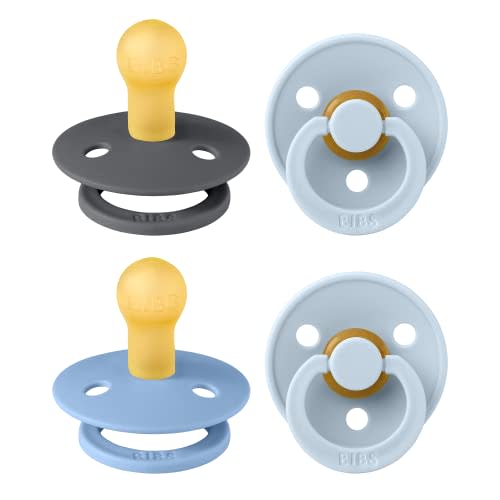 BIBS Pacifiers - Colour 4 Pack | Round Nipple Baby Pacifier | BPA Free Natural Rubber Latex Soother | Made in Denmark | Size 0-6 Months | Blue Colors