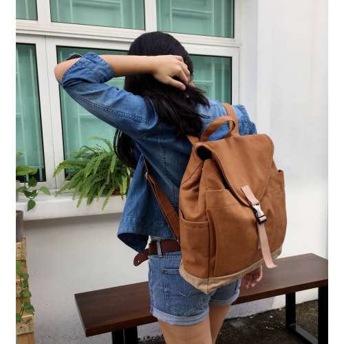 Tan Brown Canvas Travel Backpack Zipper Leather strap Diaper Backpack , 15" laptop Collage Satchel rucksack - no.108 MARKEN