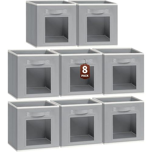 Bins for Closet Organization - Cubby Storage Organizer with Window, Closet Baskets for Shelves, Folding Cubes for Storage, Storage Bins for Home, 11inch, Set of 8, Grey