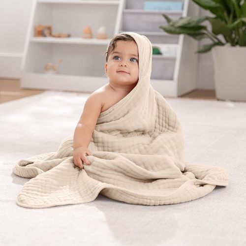 Comfy Cubs Baby Hooded 9 Layer Muslin Cotton Towel for Kids, Large 32” x 32”, Ultra Soft, Warm, and Absorbent. Baby Essentials Bath Towels, Cute Unisex Cover for Girls and Boys (Pack of 1, Sand)