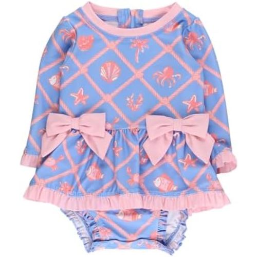 RuffleButts Baby Girls UPF50+ Long Sleeve One Piece Bow Peplum Rash Guard Swimsuit