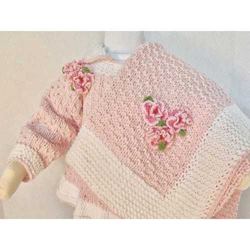 Hand Knit Baby Girl Blanket, Sweater, Hat, Booties Coming Home Set