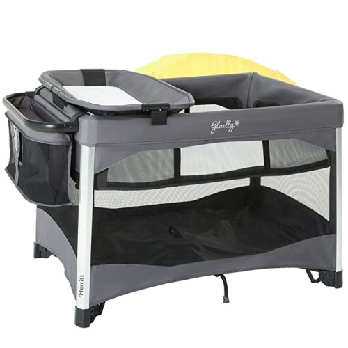 Gladly Family Merritt Portable Playard Suite - Ultimate Foldable Baby Playpen from Infant to Toddler with Built-in Changing Station, Diaper Caddy, Storage & Travel Backpack (Carbon Gray)