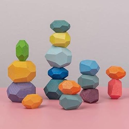 RubRab Wooden Rocks Stones Tumi ISHI Wood Balancing Stacked Stone Baby Building Blocks (16pcs Deep Colors)