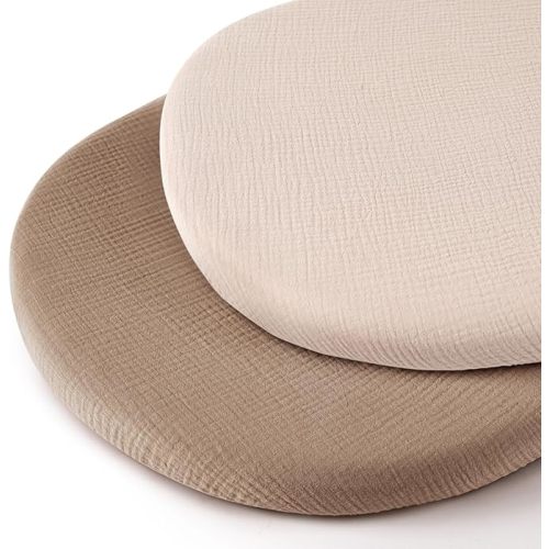 Muslin Bassinet Sheets for Baby Neutral, Soft Breathable Cotton Fitted Sheets for Oval, Rectangle, Hourglass Bassinet Mattress/Pad - 2 Pack (Ivory& Khaki)
