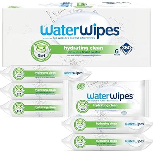 WaterWipes Hydrating Clean Baby Wipes, 99% Water-Based Formula with Aloe Vera to Hydrate & Clean Skin, Unscented & Hypoallergenic, 360 Count (6 Packs)
