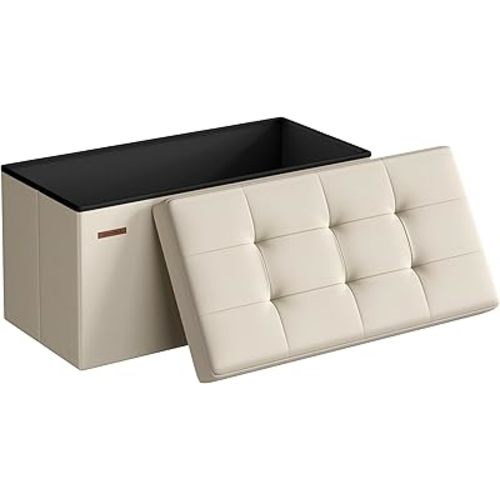 SONGMICS 30 Inches Folding Storage Ottoman Bench, Storage Chest, Foot Rest Stool, Beige ULSF47BE
