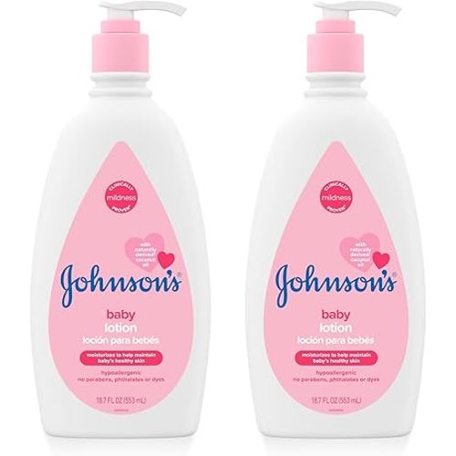 Johnson's Moisturizing Mild Pink Baby Lotion with Coconut Oil for Delicate Baby Skin, Paraben-, Phthalate- & Dye-Free, Hypoallergenic & Dermatologist-Tested, Baby Skin Care, 18 Fl. Oz, Pack of 2