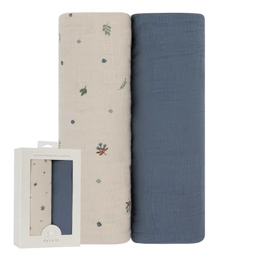 Ely's & Co. Muslin Swaddle Blanket 2-Pack — 100% Cotton Muslin Extra-Large Swaddle Blankets (47” x 47”) Solid + Printed (Blue Garden Flower)
