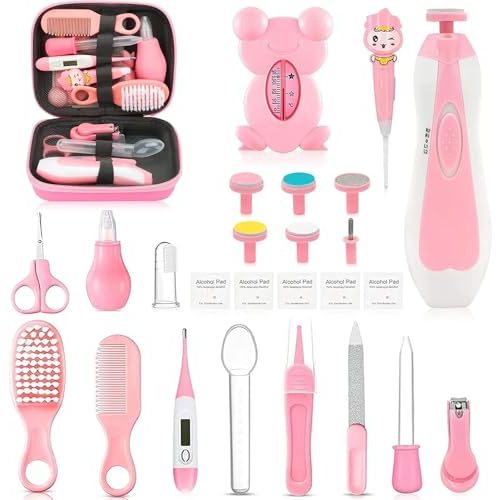Baby Healthcare and Grooming Kit, 26 in 1 Portable Baby Safety Care Set with Hair Brush Comb Nasal Aspirator Electric Nail Trimmer Set Baby Essentials kit for Newborn Boys Girls (Pink)
