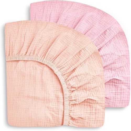 SWEET DOLPHIN 2-Pack Muslin Crib Sheets for Boys & Girls, Ultra Soft Breathable 40S Long-Staple Cotton Fitted Baby Sheets for Standard Crib Mattress 52"x28", Light Sakura- Nursery Essentials