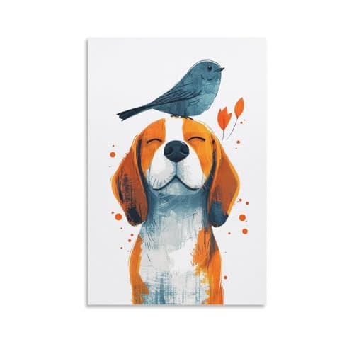 Joyful Beagle Dog with A Bird on Its Head Canvas Painting Wall Art Cute Animal Poster Print Artwork Picture for Kid Bedroom Nursery Wall Decor