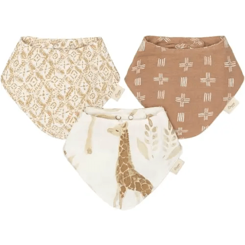 Crane Baby Soft Muslin Baby Bib Set, Adjustable and Absorbent Bandana Style Bibs for Boys and Girls, Safari Animal, 3 Piece, 18.5” x 9”