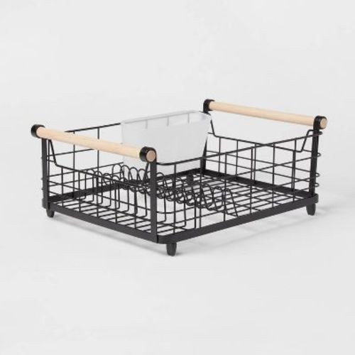 Metal Dish Rack with Powder Coated Finish and Rubber Wood Handles Black - Brightroom™: Freestanding Dish Drying Rack