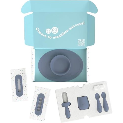 ezpz Kit 2: Learn to Eat and Drink (Indigo) - Tools to Help Your Baby Practice Chewing, Sipping, and Self-Feeding - Start Solids + Baby-Led Weaning Safely - Shower Essentials & Gifts