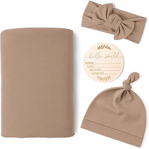 Konssy Baby Girl Newborn Receiving Blanket with Matching Headband and Beanie Set Baby Swaddle Nursery Swaddle Wrap