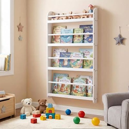 Costzon Kids Bookshelf, 4-Tier Wall Mounted Book Shelf for Toys & Books, Space-Saving Behind the Door Toy Storage, Nursery Bookshelf for Kids' Room, Playroom, Kindergarten (White)