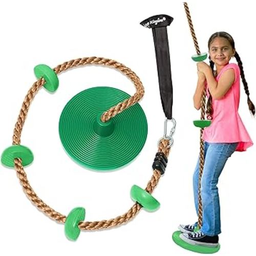 Jungle Gym Kingdom Tree Swing for Kids - Single Disc Seat and Brown Climbing Rope Set w/Carabiner and 4 Foot Strap - Treehouse and Outdoor Playground Accessories - Green