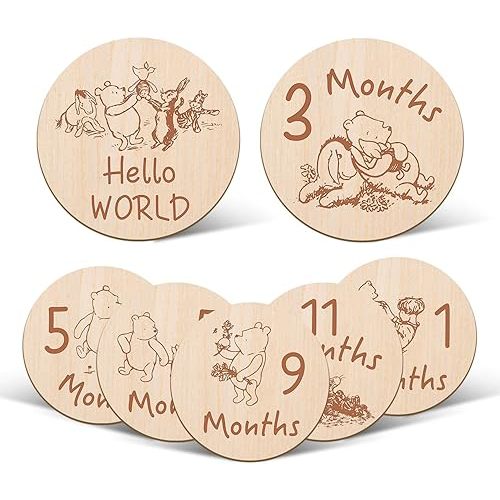 7 Pcs Winnie Baby Monthly Milestone Markers, Winnie Double Sided Winnie Baby Months Wooden Signs with Storage Bag, Winnie Baby Shower Gifts, Winnie Baby Monthly Announcement Wooden Discs, Winnie Gifts