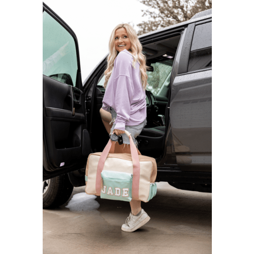 Custom Duffle Bag - Color Block Carry On (Cream/Light Blue)– Jadelynn Brooke®