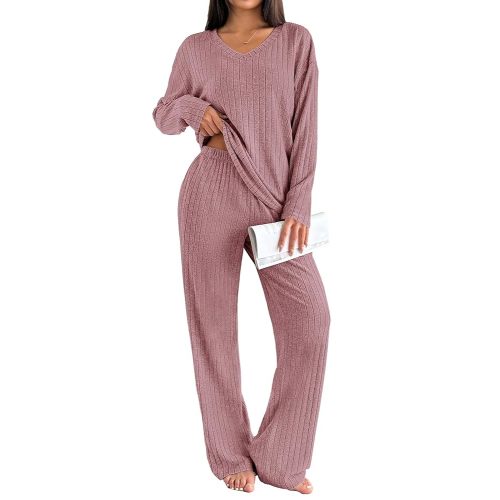 Ekouaer Lounge Sets for Women Long Sleeve Knit Ribbed Pajama Sets 2 Piece Casual Loungewear with Pockets