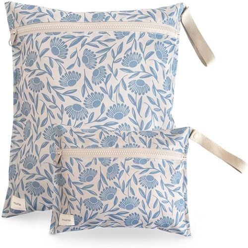 mushie Water Resistant Wet Bags | Large & Small Reusable Storage Bag for Baby Items and Travel | Zippered Pockets with Handle | Machine Washable, Set of 2 (Blue Flowers)