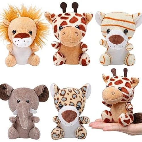 Anboor 5pcs Small Stuffed Animals Bulk—Safari Jungle Animal Plush Toys 4.8 Inch Cute Elephant Lion Giraffe Tiger Leopard Animals Stuffed with Keychain for Animal Themed Parties Teacher Student Award