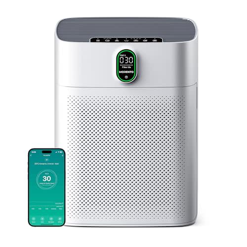 MORENTO Air Purifier for home Large Rooms up to 1076 ft2, Wi-Fi and Alexa compatible, PM2.5 Air Quality Display, Auto Mode, HEPA Filter Removes Dust, Pollen, Smoke 1 Pack +2 Pack Filters(White)