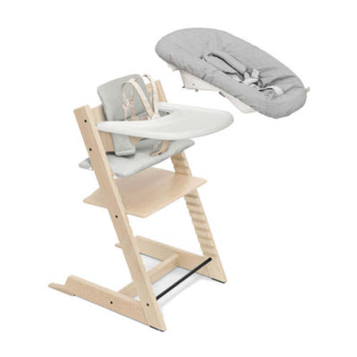 Tripp Trapp High Chair² + Cushion, Tray & Newborn Set Bundle - Natural/Nordic Grey