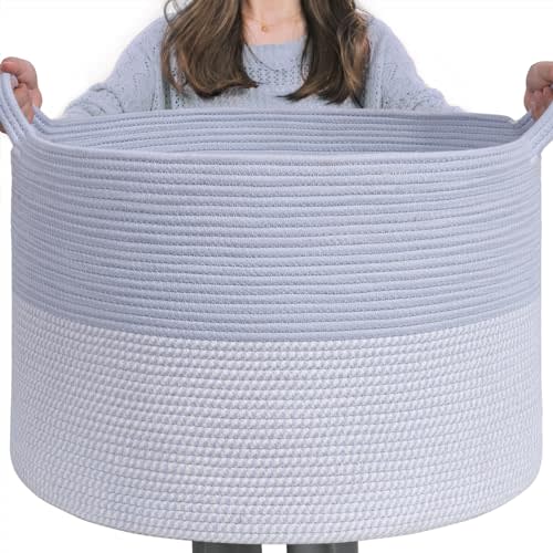 INDRESSME Large Rope Baskets for Organizing, 21.7 x 13.8 Blanket Storage Basket Living Room Toy Baskets Storage Kids, Decorative Nursery Laundry Basket for Colthes Towel, Empty Gift Basket, Blue