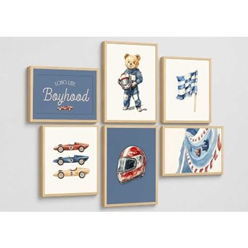 6Pcs Vintage Racing Car Nursery Canvas Wall Art Funny Teddy Bear Posters Print Artwork Retro Sport Boys Room Painting Pictures Wall Decor for Boys Bedroom Playroom Home Decoration 8x10in Unframed
