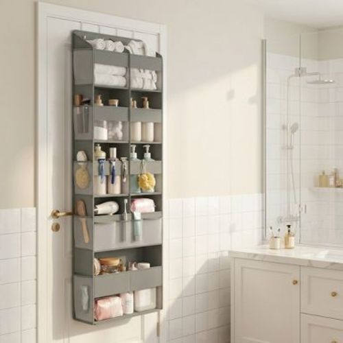 SONGMICS Over-the-Door Organizer, 9-Compartment Door Hanging Storage Shelf, Foldable Closet Hanging Organizer, Heavy-Duty, Transparent, Dove Gray